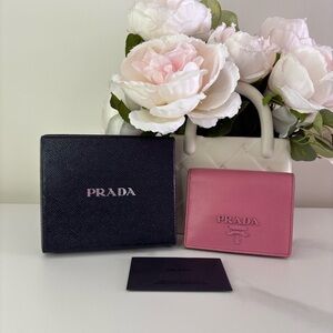 Prada Pink Saffiano Leather Small Bifold Wallet with Raised Logo